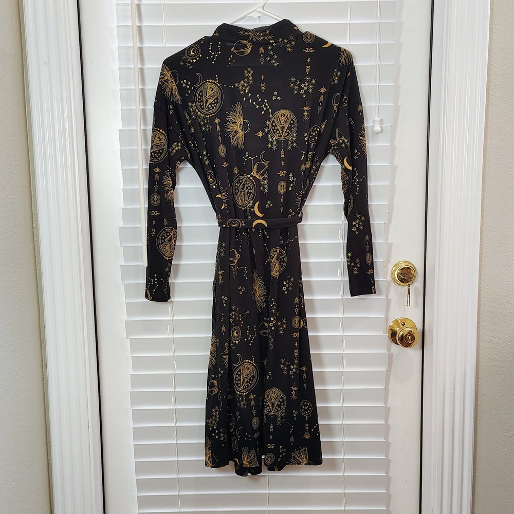 Celestial Whimsigoth Soma Robe Womens XS Black Gold Sun Moon Astrology Wrap Belt - Picture 4 of 6